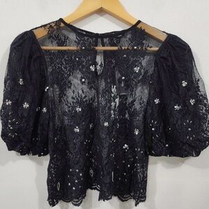 Express Lace Cropped Puff Sleeve Top Medium Embellished